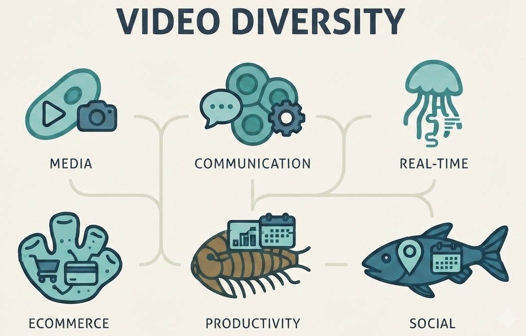 A &lsquo;Video Diversity&rsquo; diagram showing six branches of interactive video &mdash; media, communication, real-time, ecommerce, productivity, and social &mdash; each drawn as a different Cambrian-era creature.